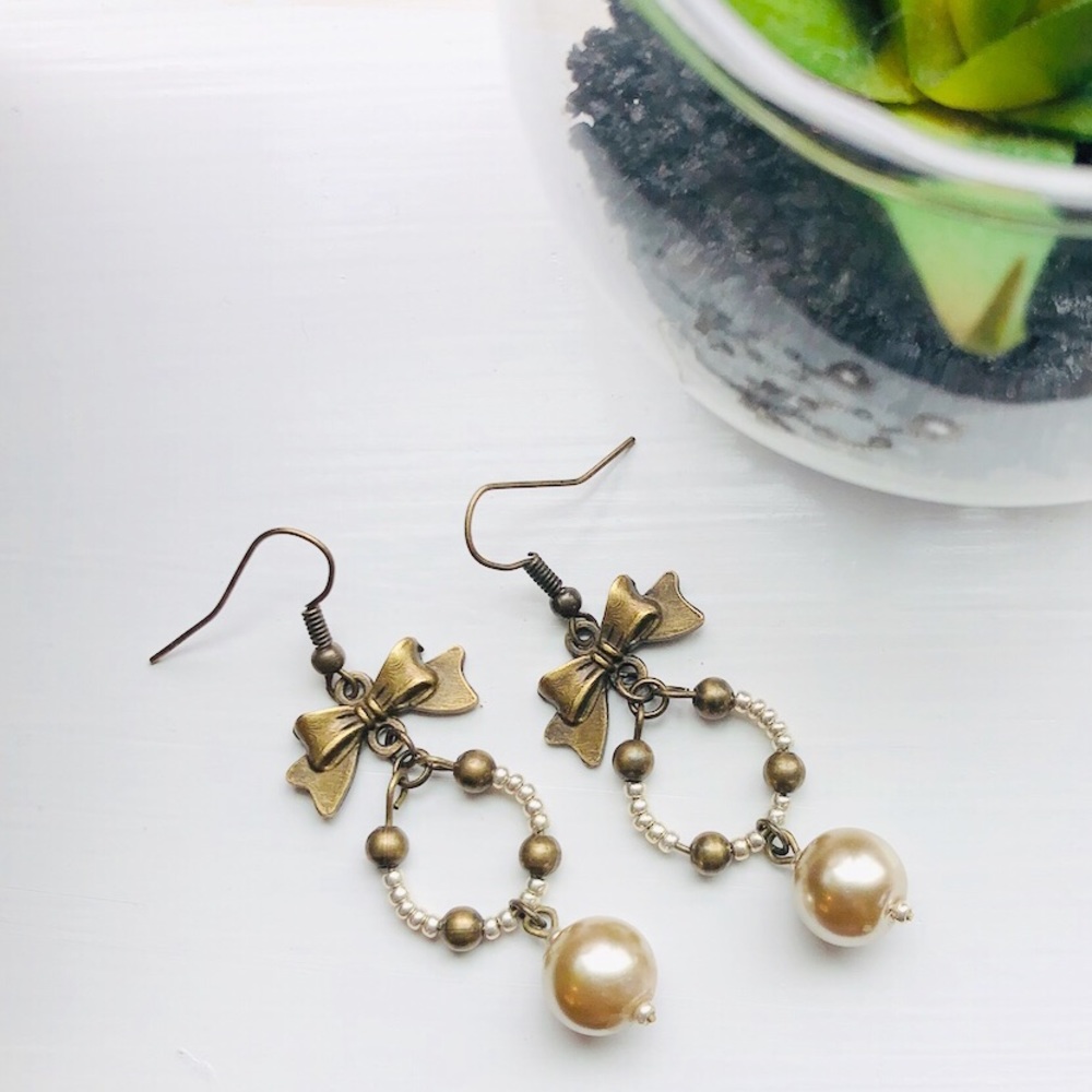 NEW Unique Ball Bow Bead Earrings Handmade Bronze